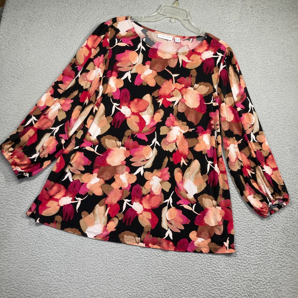 Susan Graver Floral Top Womens 1X Black Pink Liquid Knit Long Sleeve Blouse